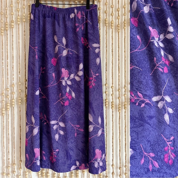 Vintage Dresses & Skirts - Vintage Made in USA Colorful Purple Pink Floral Leaf Fairycore Whimsy Skirt Lg